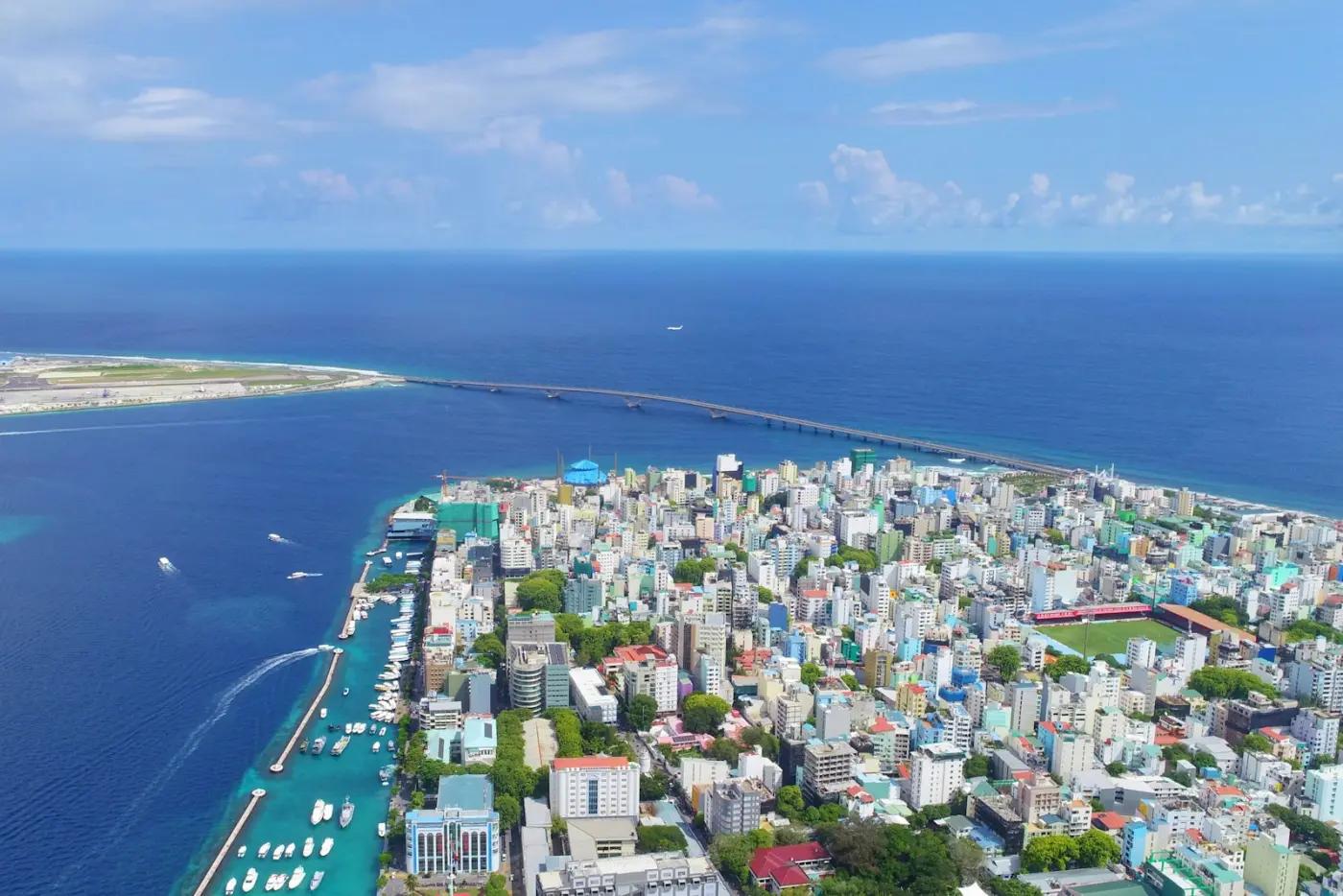 The Malé waterfront, with high-rise buildings along the shoreline.